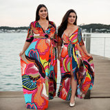 Plus Size Bright Art Deco Pattern Maxi Dress - small and plus size model