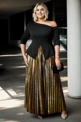 Plus Size Black Blouse and Gold Skirt Formal Wear Set