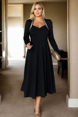 Plus Size Black Sweetheart Long Sleeve Dress - Front View