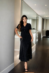 Plus Size Black V Neck Short Sleeve Mermaid Dress - full front view