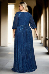 Plus Size Blue Sequins Evening Dress - back view