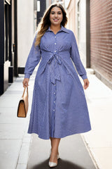 Plus Size Blue Stripes Long Sleeve Shirt Dress