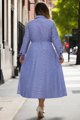 Plus Size Blue Stripes Long Sleeve Shirt Dress - back view