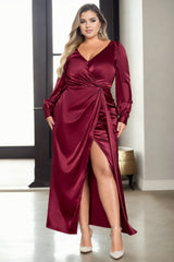 Plus Size Burgundy Wrap Formal Maxi Dress