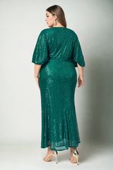 Plus Size Green Drape Evening Dress - back view