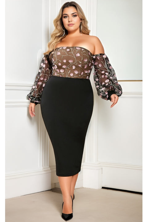 Plus Size Floral Off Shoulder Bodycon Pencil Dress