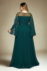 Plus Size Forest Green Evening Dress with Sleeves - back view