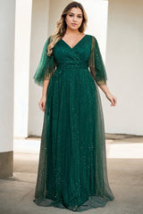 Phoenix Plus Size Green Tulle Short Sleeve Gown