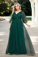 Plus Size Green Tulle Short Sleeve Gown - stylized view