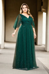 Plus Size Green Tulle Short Sleeve Gown - Side View