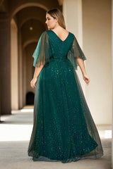 Plus Size Green Tulle Short Sleeve Gown - back view