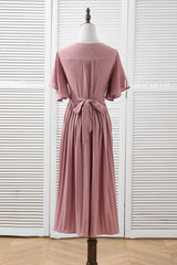 Plus Size Khaki Wrap Pleats Dress back view