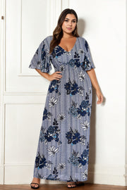 Plus Size Knit Boho Floral V Neck Maxi Dress - blue