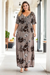 Plus Size Knit Boho Floral V Neck Maxi Dress - brown