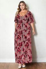 Plus Size Knit Boho Floral V Neck Maxi Dress - red