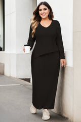 Plus Size Knit Long Sleeve Top and Maxi Skirt Set - Black colour