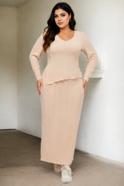 Plus Size Knit Long Sleeve Top and Maxi Skirt Set - Beige