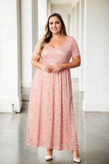 Plus Size Lace Short Sleeve Evening Dress- Peach Orange