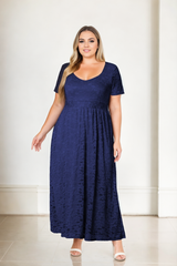 Plus Size Lace Short Sleeve Evening Dress - Navy Blue