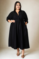 Plus Size Long Sleeve Shirt Dress - Black