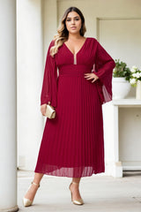 Plus Size Grecian Long Sleeve Dress - maroon red