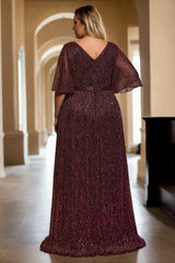 Plus Size Maroon Red Short Sleeve Gown - Back View