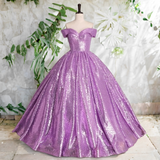 Plus Size Sequins Off Shoulder Gown - Purple