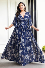 Plus Size Blue Floral Chiffon Maxi Dress