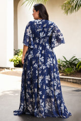 Plus Size Blue Floral Chiffon Maxi Dress - back view