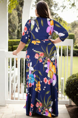 Plus Size Navy Blue Floral Wrap Maxi Dress - back view