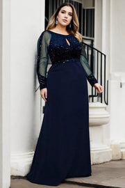 Plus Size Navy Long Sleeve Evening Dress