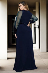 Plus Size Navy Long Sleeve Evening Dress - back view