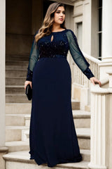 Plus Size Navy Long Sleeve Evening Dress - stylized front view