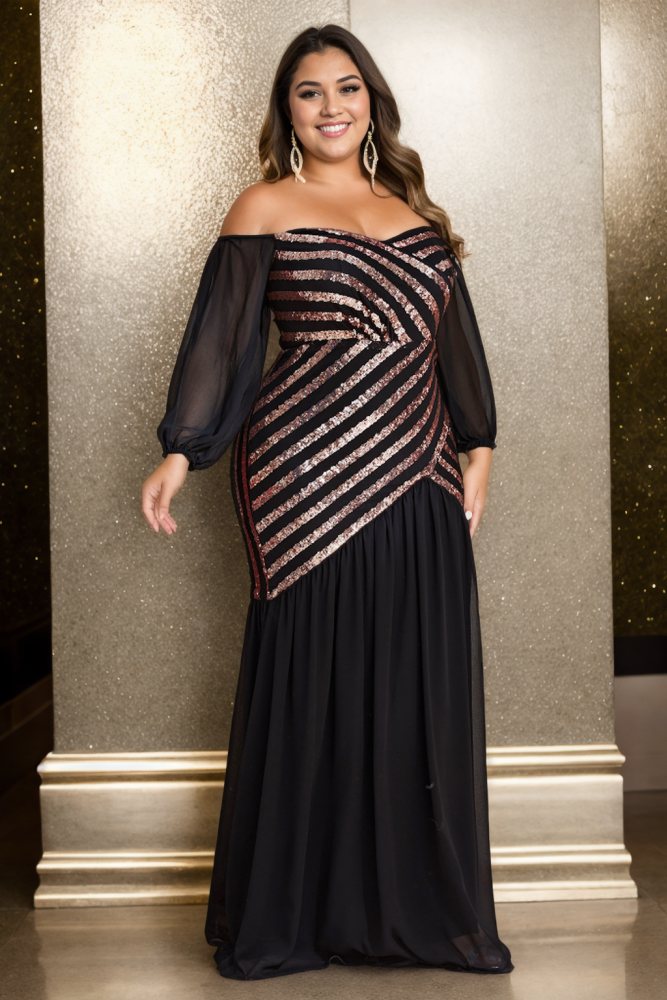 Sylvia Plus Size Off Shoulder Long Sleeve Evening Dress