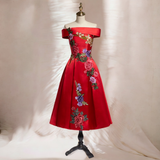 Plus Size Off Shoulder Oriental Flowers Dress - Red