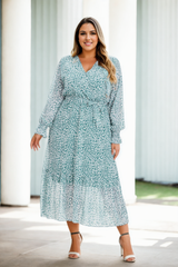 Plus Size Pastel Floral Wrap Long Sleeve Midi Dress - green