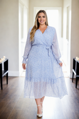 Plus Size Pastel Floral Wrap Long Sleeve Midi Dress - blue