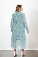 Plus Size Pastel Floral Wrap Long Sleeve Midi Dress - green back view