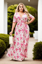 Plus Size Pink Lily Flowers Wrap Maxi Dress