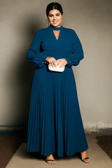 Plus Size Formal Pleat Long Sleeve Maxi Dress - Blue