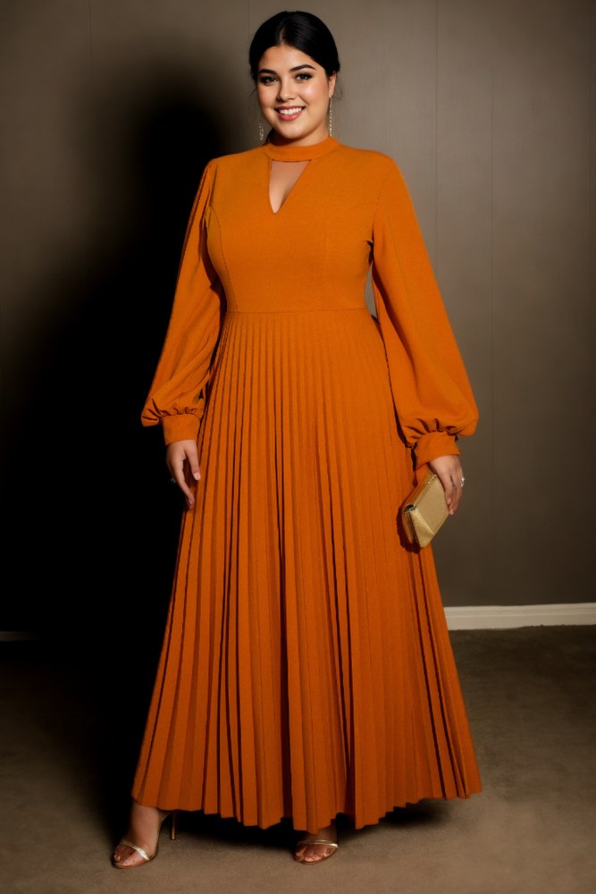 Bria Plus Size Formal Pleat Long Sleeve Maxi Dress Hello Curve