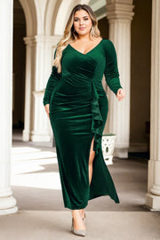 Plus Size Velvet Bodycon Long Sleeve Formal Dress - Green