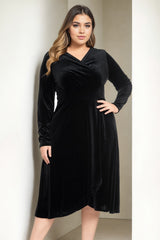 Plus Size Velvet Wrap Long Sleeve Dress - Black