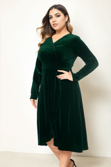 Plus Size Velvet Wrap Long Sleeve Dress - Royal Green