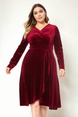 plus size velvet wrap long sleeve dress in red