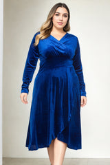 Plus Size Velvet Wrap Long Sleeve Dress - Royal Blue