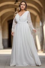 Plus Size White Empire Waist Long Sleeve Gown - Front view