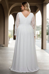 Plus Size White Empire Waist Long Sleeve Gown - back view