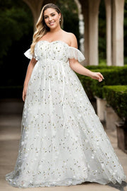 Plus Size White Floral Off Shoulder Gown - Front View