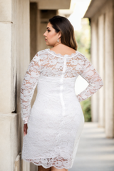 Plus Size White Lace Bodycon Long Sleeve Dress - back view